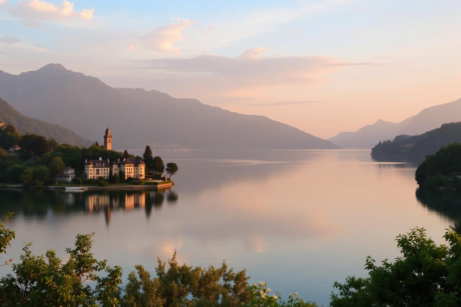 Sunset over Lake Maggiore with elegant villa